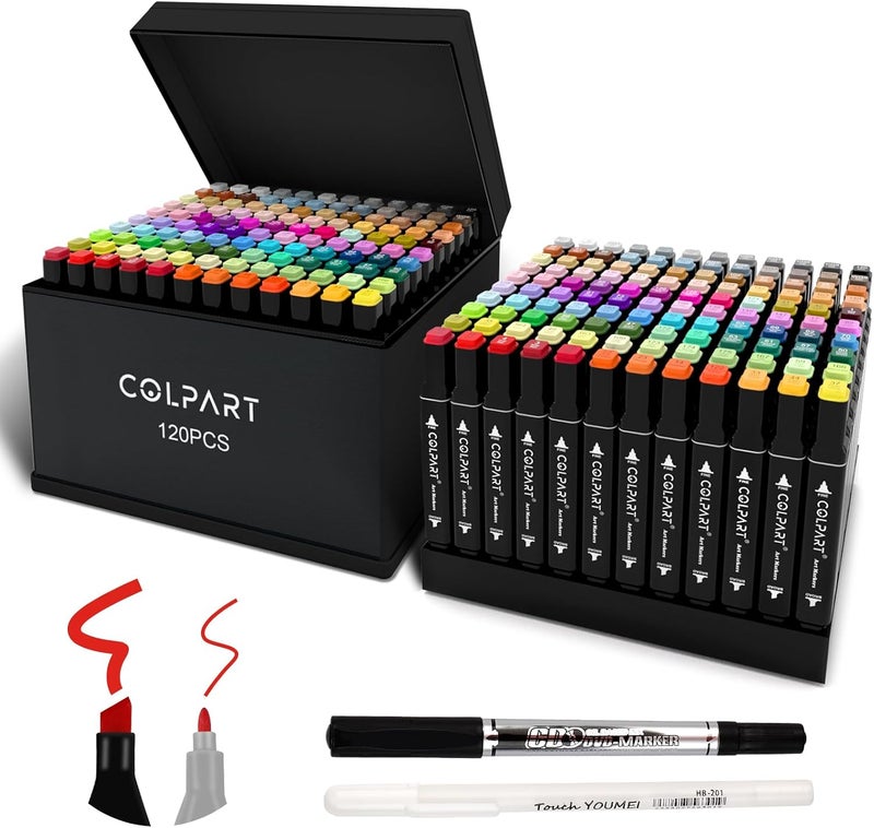colart 120 Colors Alcohol Markers Set Dual Tip Art Markers for Kids Marker Pens with Pen Holder and Case for Adult Painting Supplies Perfect for Painting, Coloring Book, Sketching and Drawing - Image 1